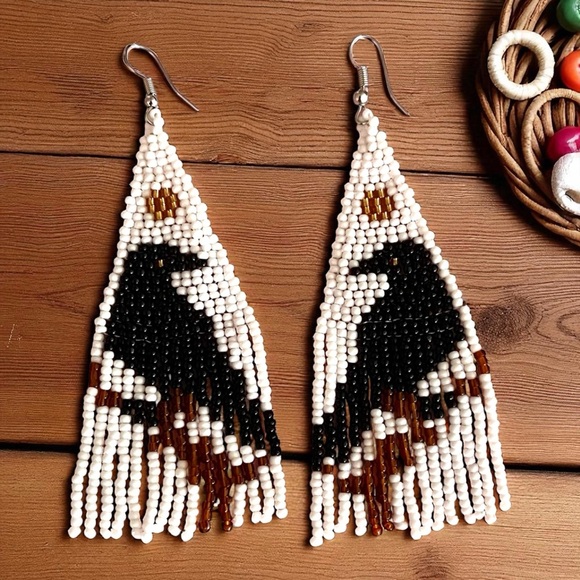 Handcrafted Raven Beaded Earrings Fringe Boho Witchy - Picture 11 of 16